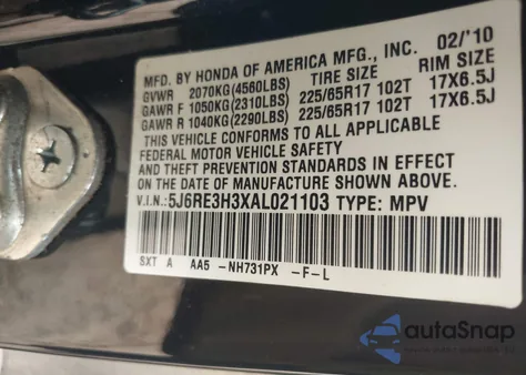 2010 Honda Cr-V Lx z USA, uszkodzony, nr VIN 5J6RE3H3XAL021103